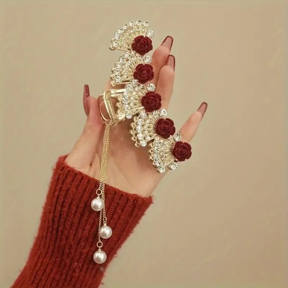 Flower Style Hair Accessories, Stylish Hair Clip, Tassel Rhinestone Headwear